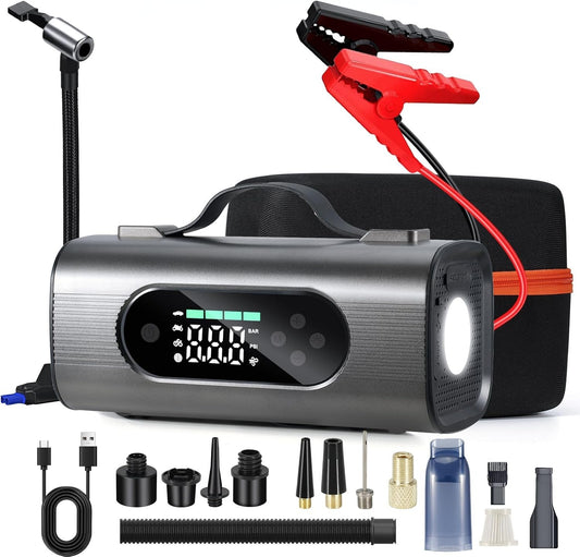 8-in-1 Emergency Car Battery Starter & Air Compressor - 150PSI Jump Starter with LCD Display