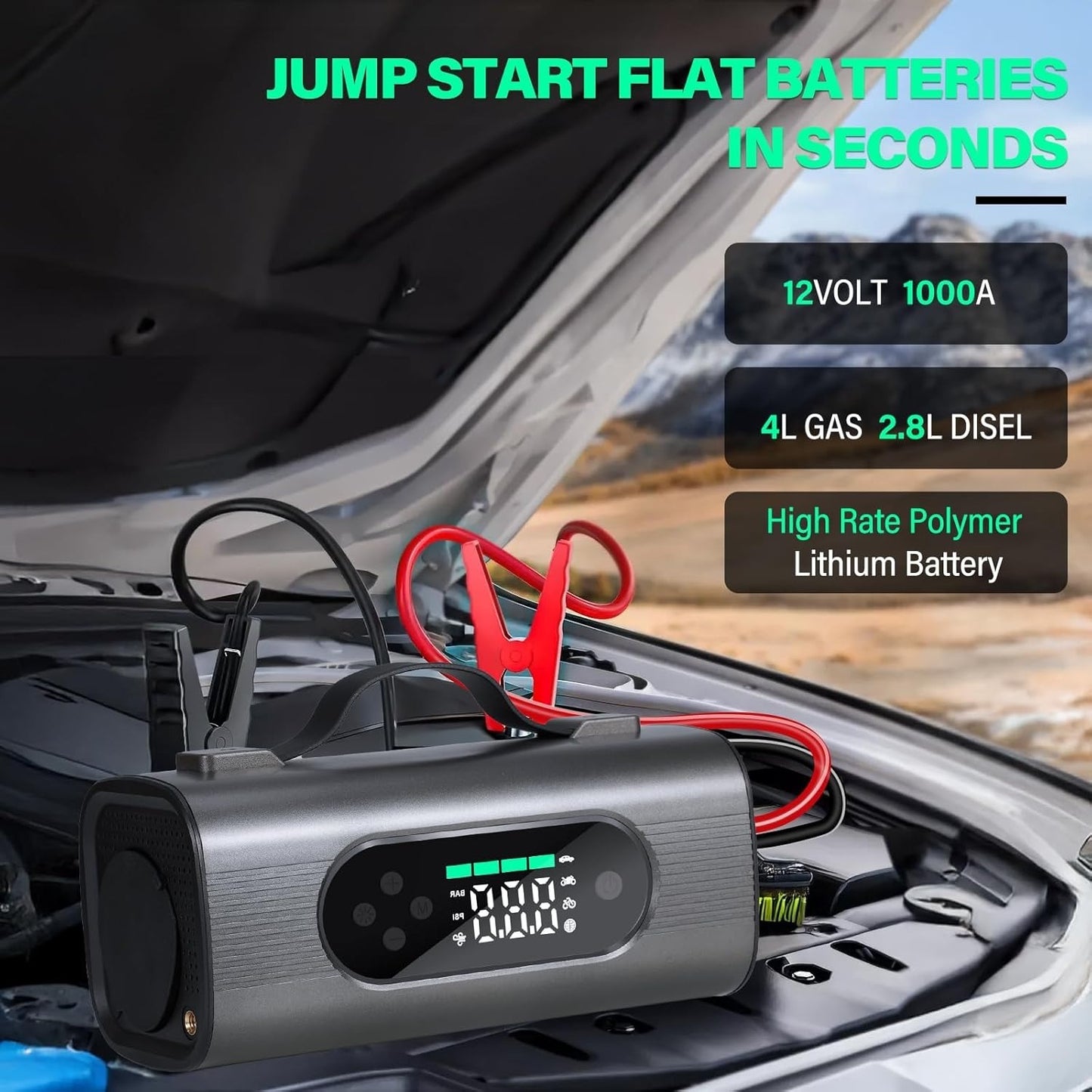 8-in-1 Emergency Car Battery Starter & Air Compressor - 150PSI Jump Starter with LCD Display