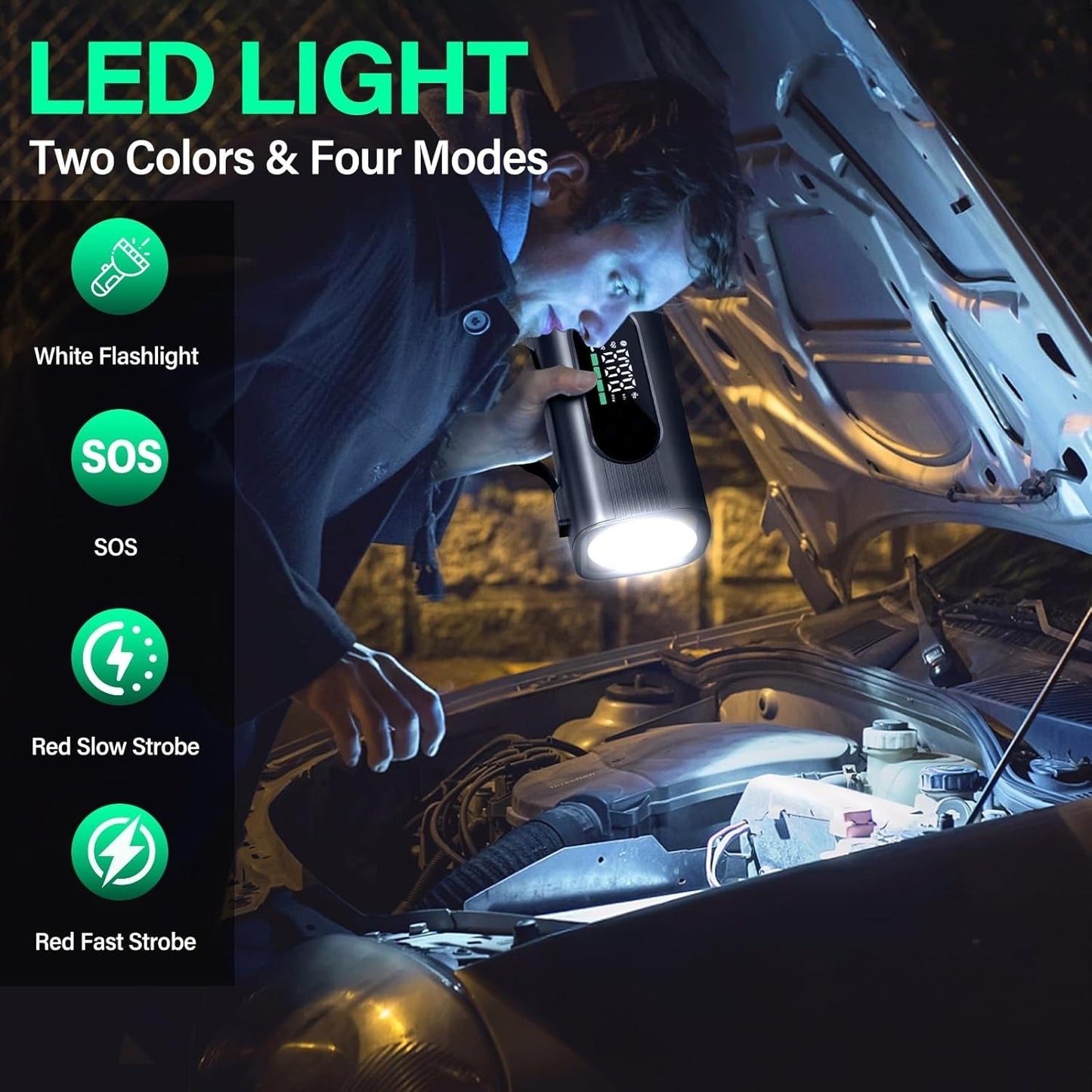 8-in-1 Emergency Car Battery Starter & Air Compressor - 150PSI Jump Starter with LCD Display