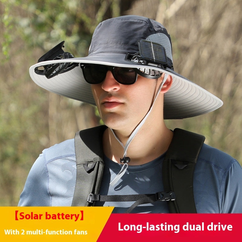 Solar Powered Wide Brim Hat - UV Protection Outdoor Fishing Hat with Cooling Fan