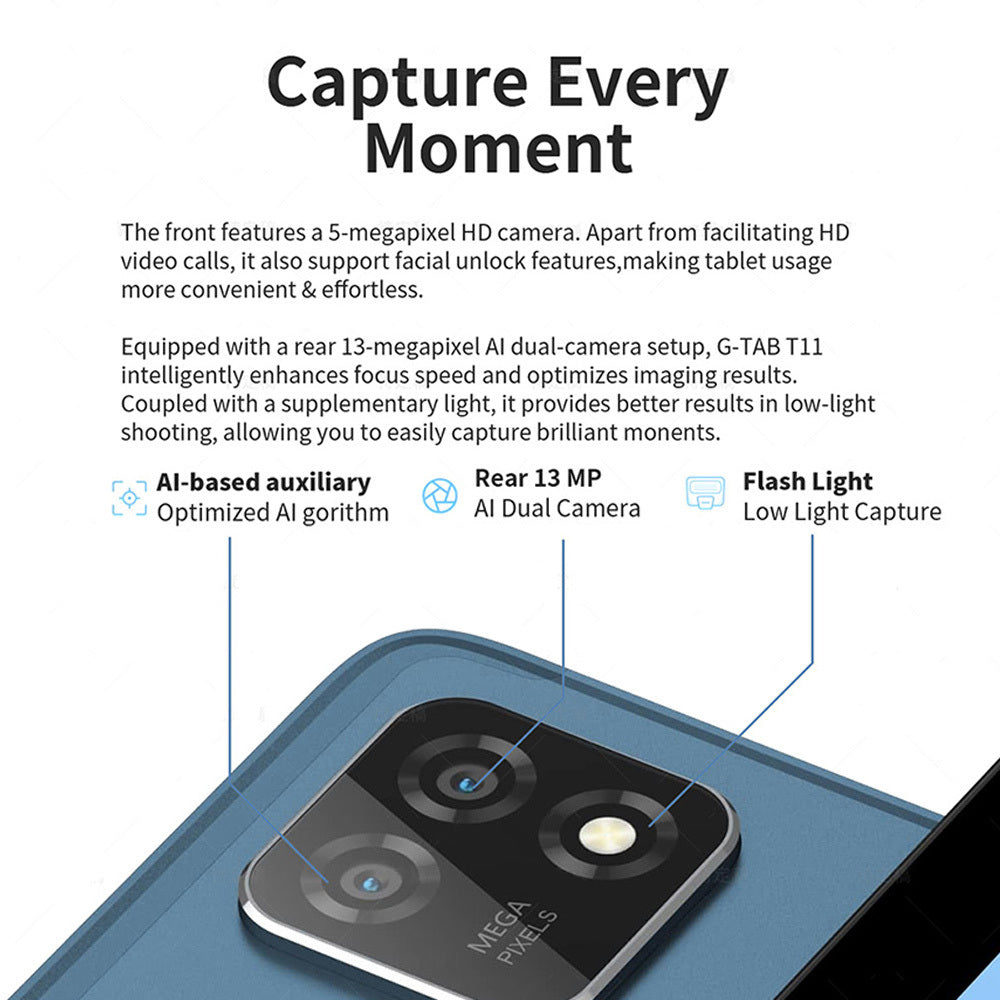 G-tab T11 Android 14 Tablet 10.1 Inch 1280&800 IPS Screen Unisoc T606 8 Core Max 1.6GHz 8GB RAM 4GB&4GB Expansion128GB ROM 2.4&5GHz WiFi Bluetooth 5.0 6580mAh Battery 8MP&13MP Camera Dual 4G - GeeStatuS