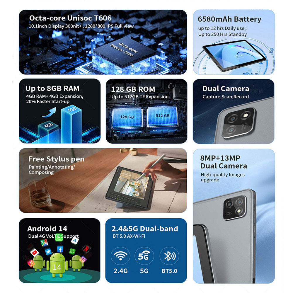 G-tab T11 Android 14 Tablet 10.1 Inch 1280&800 IPS Screen Unisoc T606 8 Core Max 1.6GHz 8GB RAM 4GB&4GB Expansion128GB ROM 2.4&5GHz WiFi Bluetooth 5.0 6580mAh Battery 8MP&13MP Camera Dual 4G - GeeStatuS