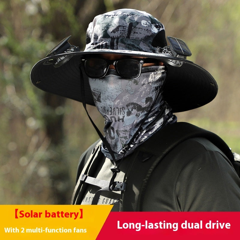 Solar Powered Wide Brim Hat - UV Protection Outdoor Fishing Hat with Cooling Fan
