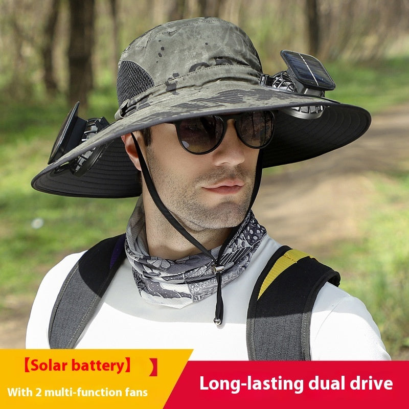 Solar Powered Wide Brim Hat - UV Protection Outdoor Fishing Hat with Cooling Fan