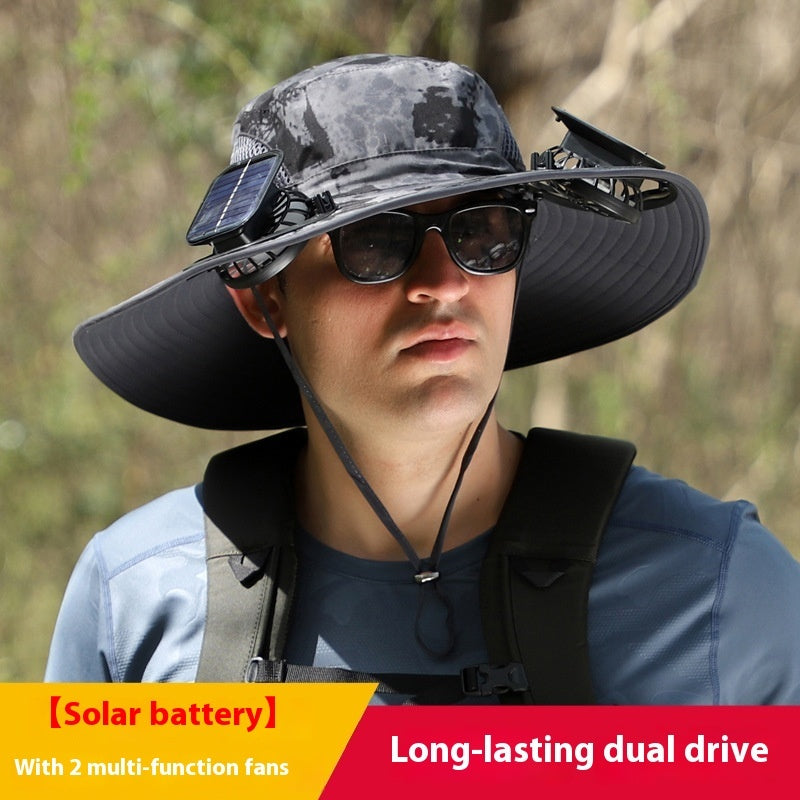 Solar Powered Wide Brim Hat - UV Protection Outdoor Fishing Hat with Cooling Fan