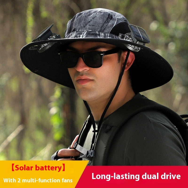 Solar Powered Wide Brim Hat - UV Protection Outdoor Fishing Hat with Cooling Fan